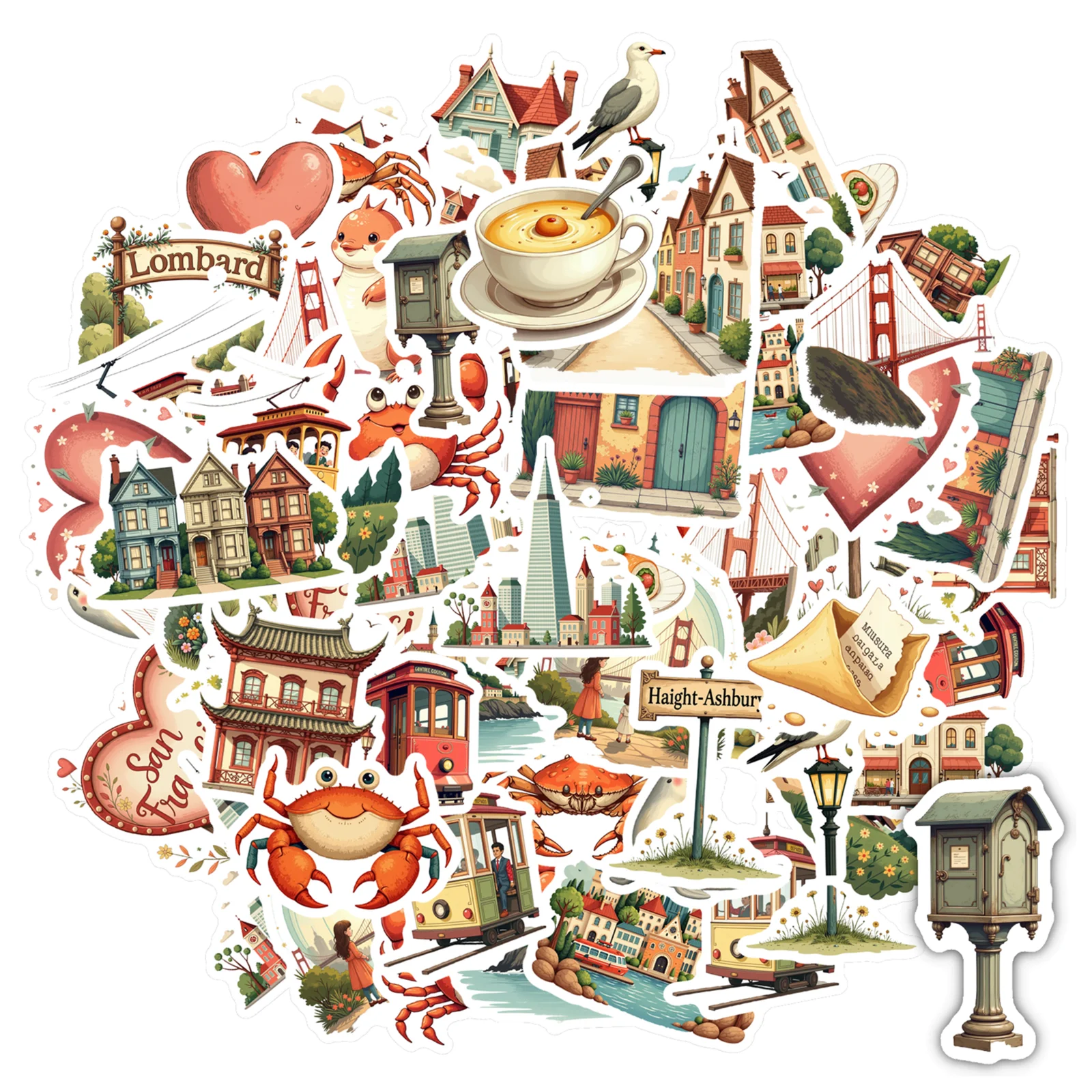 35pcs-70pcs Retro San Francisco Stickers Cartoon Hearts Teacher Reward Stickers Stickers For DIY Phone Guitar Laptop