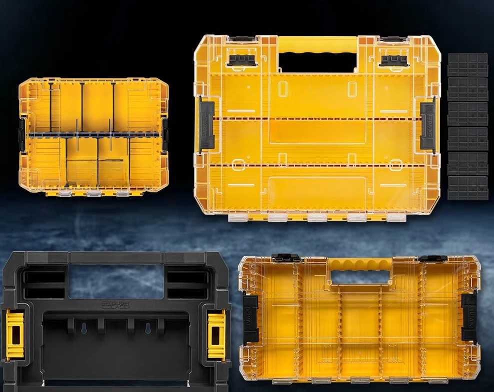 The parts storage box is embedded in  stacked TSTAK toolbox,  accessory case,  card bar,  drill bit, and  bit