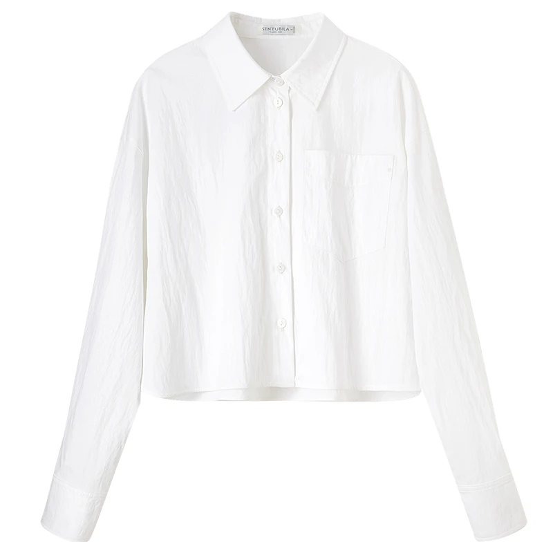 SENTUBILA ボタンアップ白クロップドシャツ女性 2025 春秋ファッション綿ブラウスドロップスリーブトップス女性服 141C52946