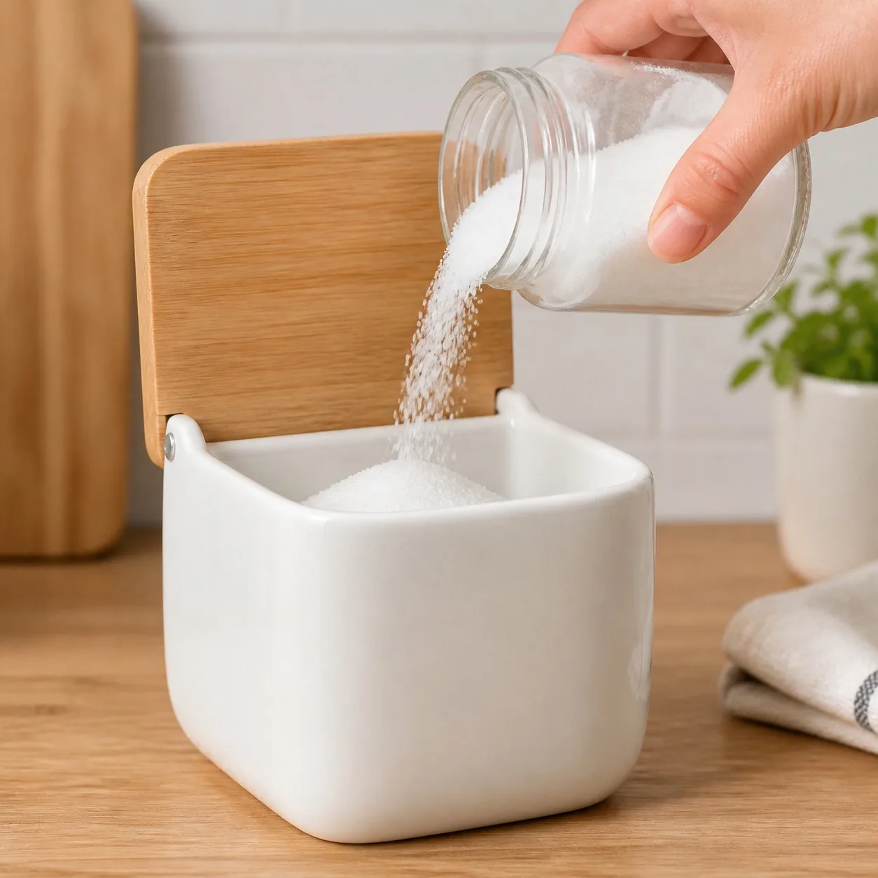 Salero de Cerámica Blanca con Tapa de Bambú Abatible, Organizador de Cocina Moderno de 12x12.5x11cm, Recipiente para Sal con Boca Ancha y Diseño Elegante para Encimera de Cocina