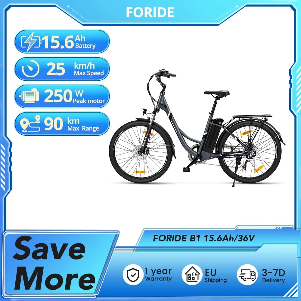 Vélo électrique urbain Foride B1, moteur 250W, couple de 45Nm, batterie 36V 15.6Ah, autonomie de 90 km, 5 niveaux d'assistance, mode marche 6 km/h
