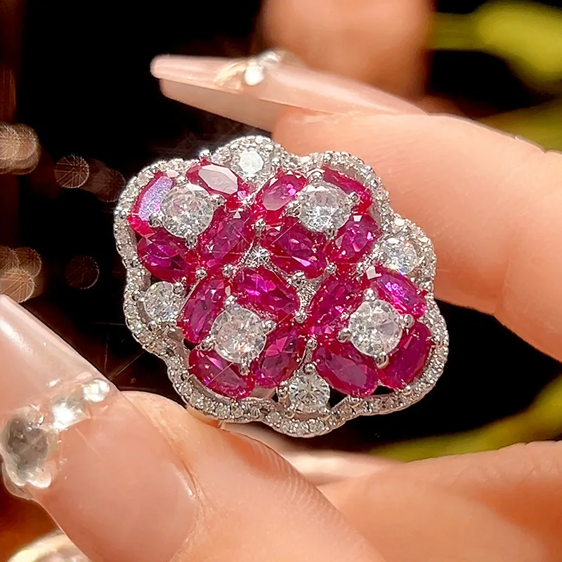 

Exquisite Ruby Red Clear CZ Floral Shaped Adjustable Ring Necklace Vintage Statement Jewelry for Women, Elegant Party Gift