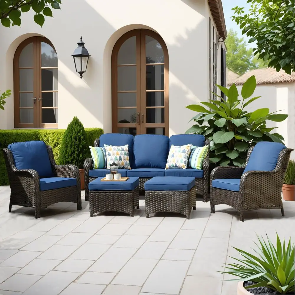 

5Pieces Patio Furniture Set, Outdoor Wicker Sofa Couch with Chairs Ottomans Comfy Cushions, High Back Modern All Weather Conver