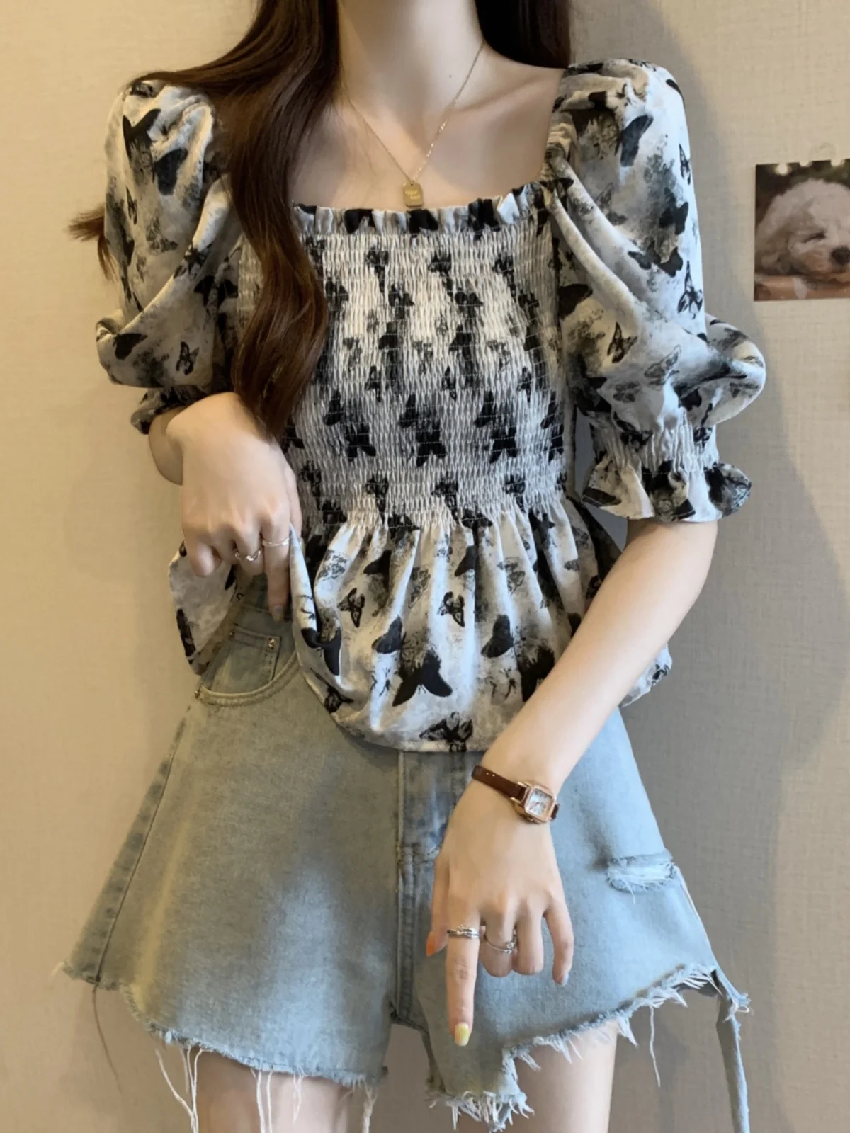 

Unique Chiffon Shirt Summer plus Size Waist Cinched One Shoulder Bubble Sleeve Square Collar Doll Top Women's Fashion