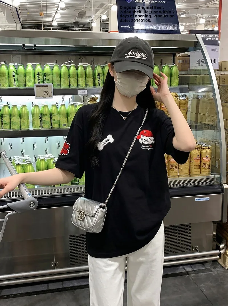 

Retro American Embroidered Pure Cotton Short Sleeve T-Shirt Women Summer New Loose Versatile Half Sleeve Design Sense Top