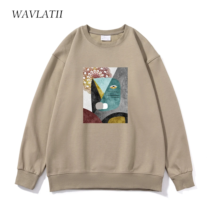 

WAVLATII Women New Abstract Printed Sweatshirts Female Khaki Streetwear Hoodies Lady Casual Spring Autumn Sporty Tops WH2351