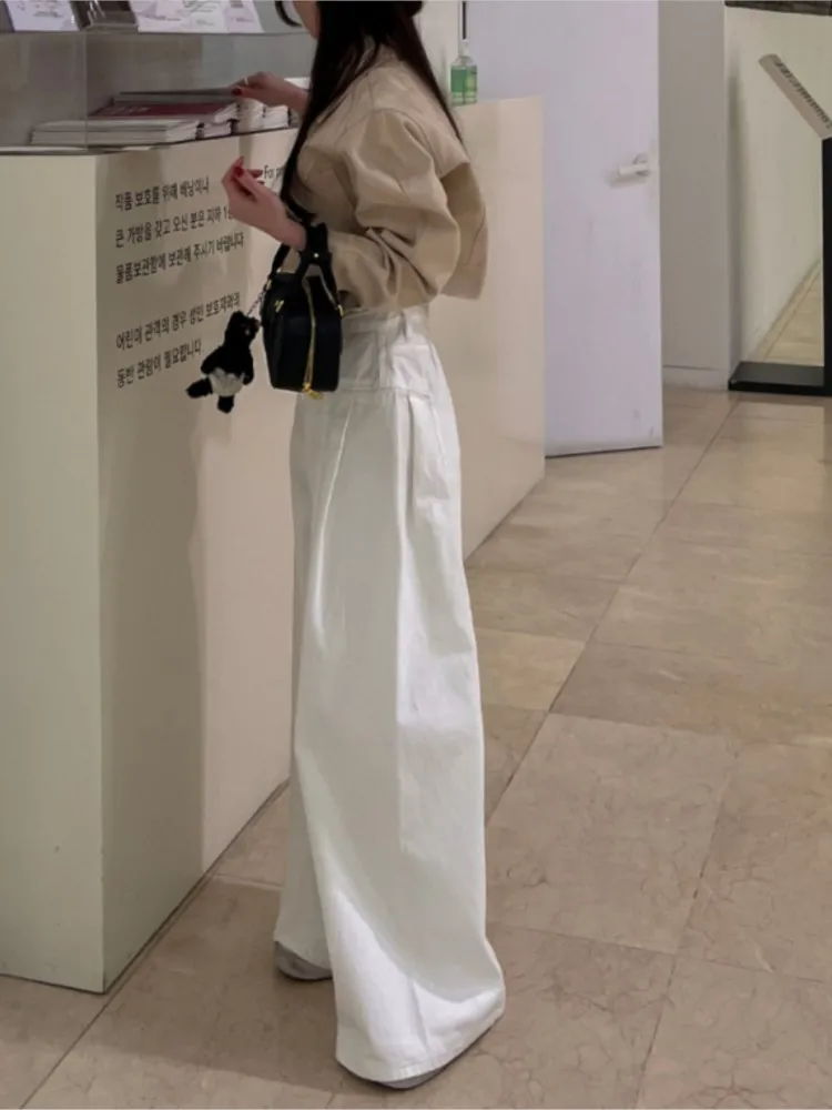 Jean Taille Haute pour Femme, Pantalon Long à Jambes Larges, Style Coréen, Plissé, Mode FjCasual, Printemps Été