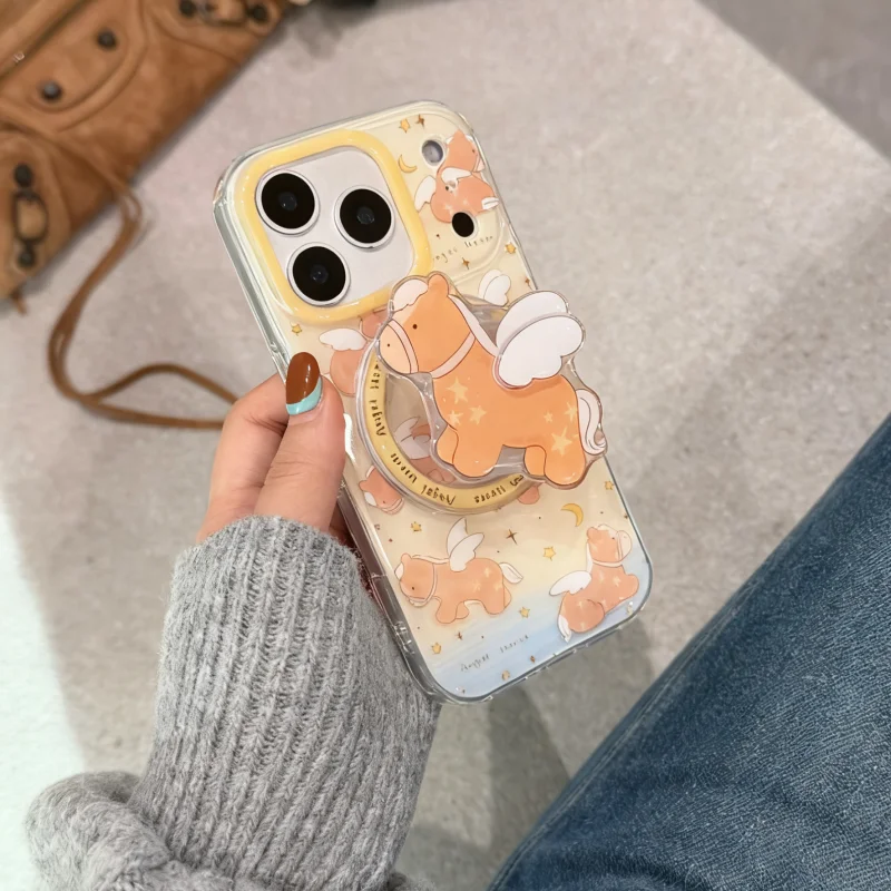 

Милый корейский мультяшный конь для держателя телефона Griptok, магнитный кольцо-держатель для пальца, совместимый с MagSafe для iPhone 15, 16, 17, для девочек