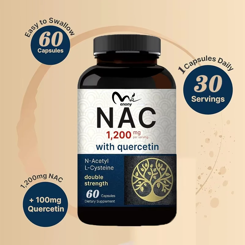 Suplemento de NAC de 1200mg, 60 cápsulas, n-acetilcisteína que contiene quercetina de doble fuerza, apoya la salud inmunológica, sanguínea y pulmonar