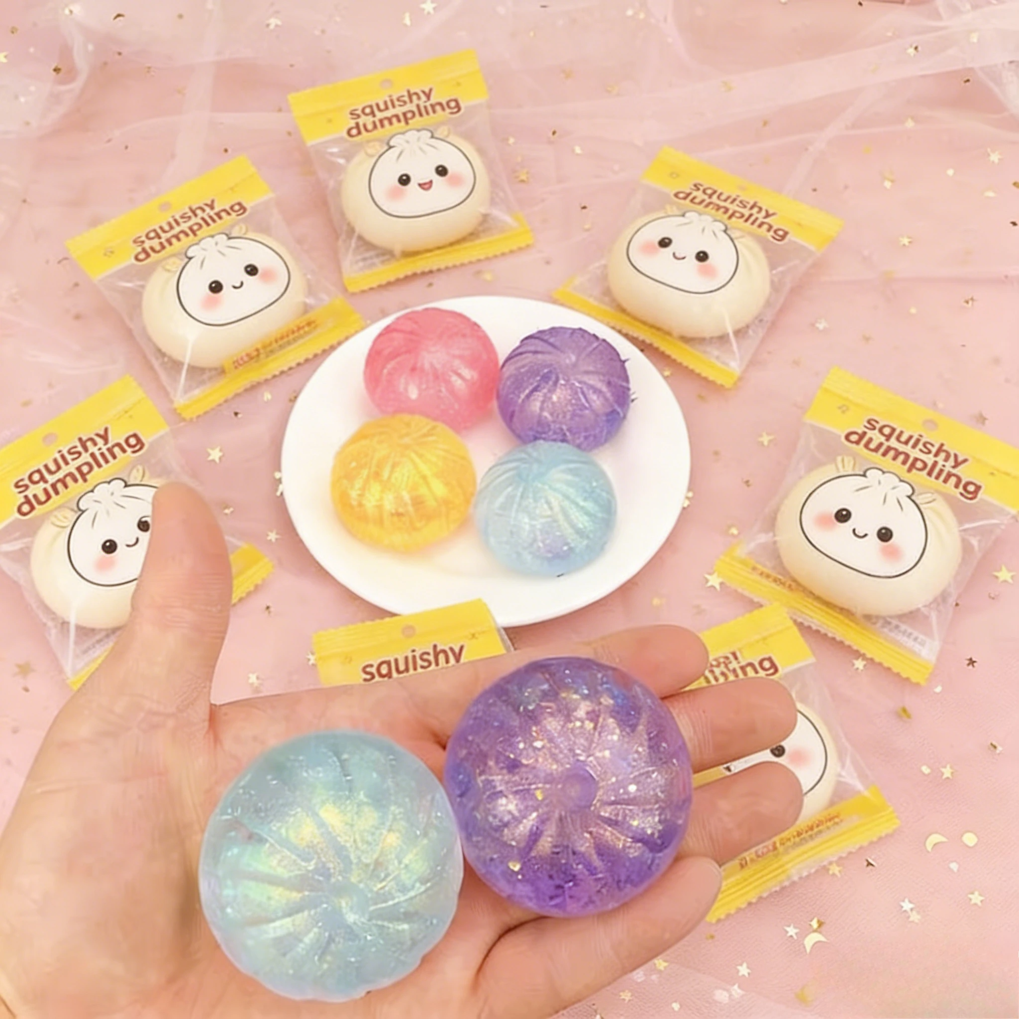 Mini Squishy de Dumpling, Bollo de Vapor con Purpurina, Juguete Sensorial Mochi para Apretar, Alivio de la Ansiedad, Decoración de Escritorio, Nuevo