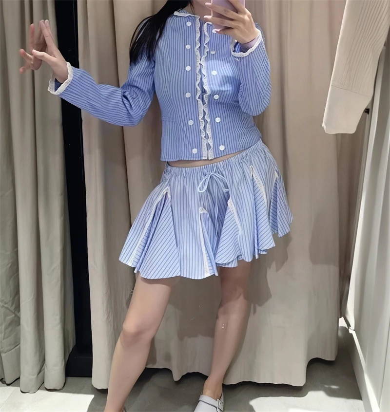 Guobioziy Women's Lace Stripe Jacket 2026 Spring-Autumn New Model Euro-American Daily Casual Fashion Trend Slim＆Fresh Street