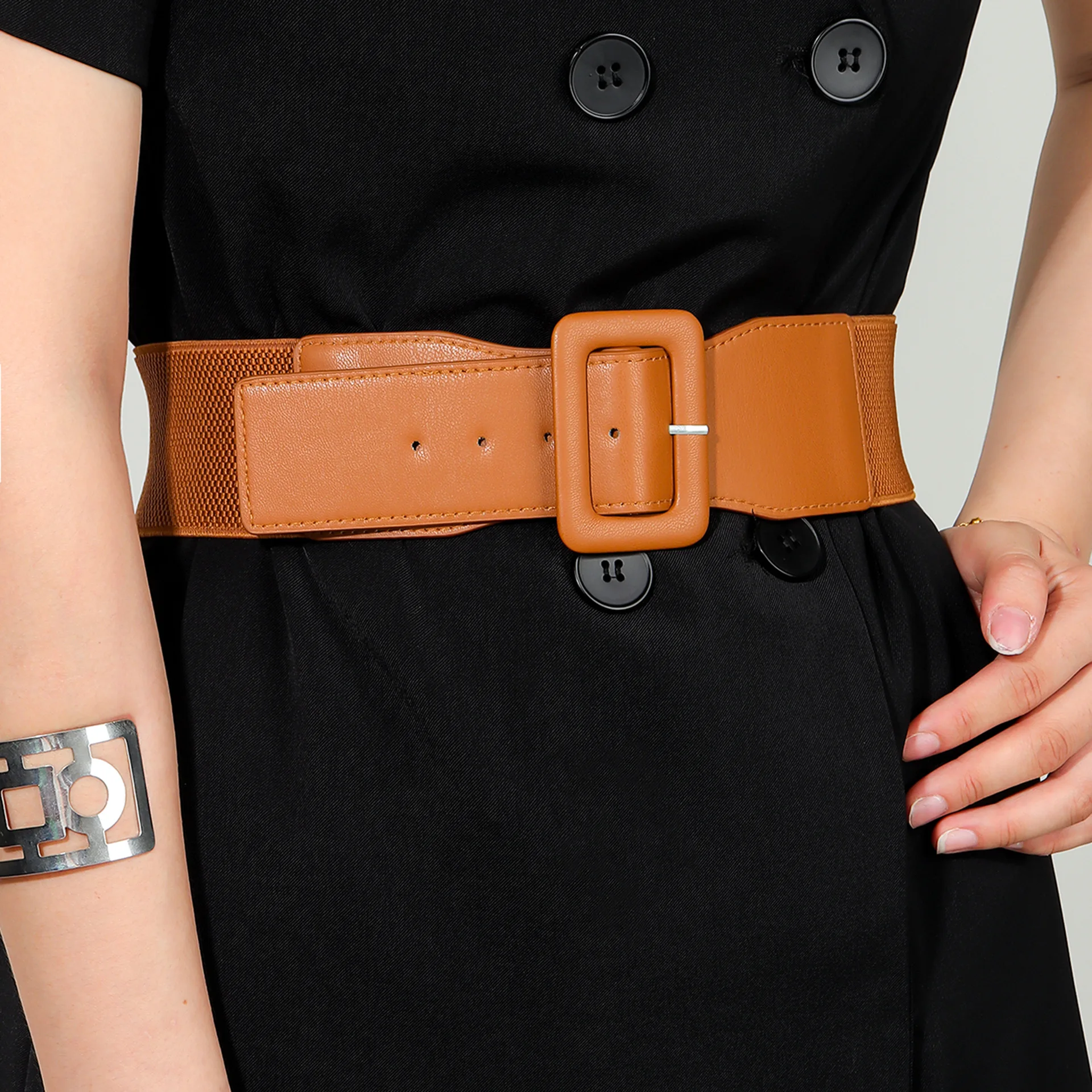 2025 PU Leather New Women Belt Waist Seal Design Black Stretch Fashionable Wide Elastic Elegant Cross Border Geometric Dress