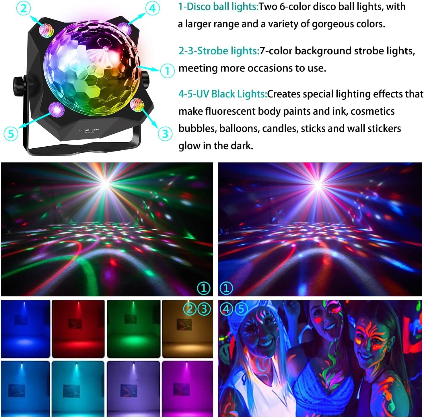 Disco Ball Light Dj Party Light, Sound-Activated 6-Color Stage Strobe Light, Suitable for Indoor and Outdoor Use, Home, Clubs, Karaoke, Christmas, Halloween, Birthdays, Weddings, and Dance Ambiance Lighting (Disco Ball