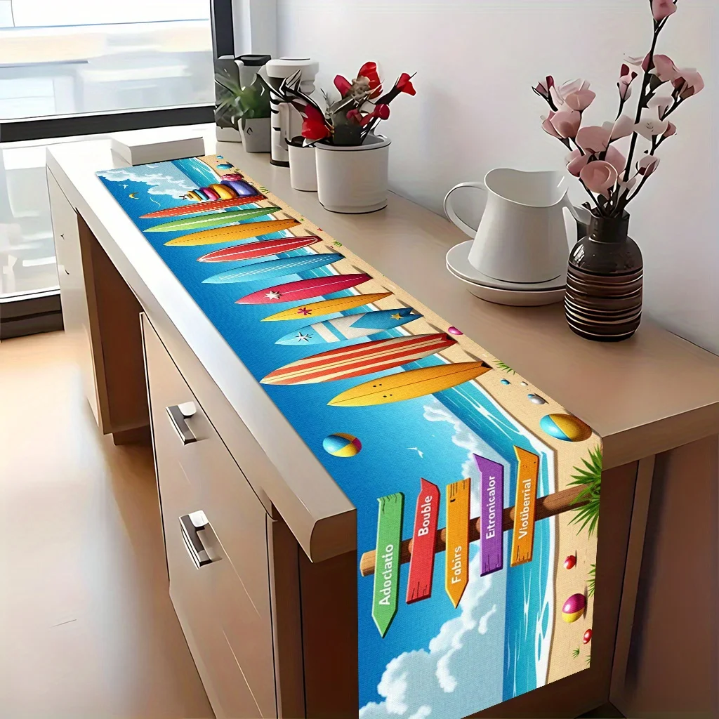 1pc of 2D Printed Table Flag, Surfboard And Directional Sign, Vibrant Polyester Fabric, Rectangular Festive Tablecloth