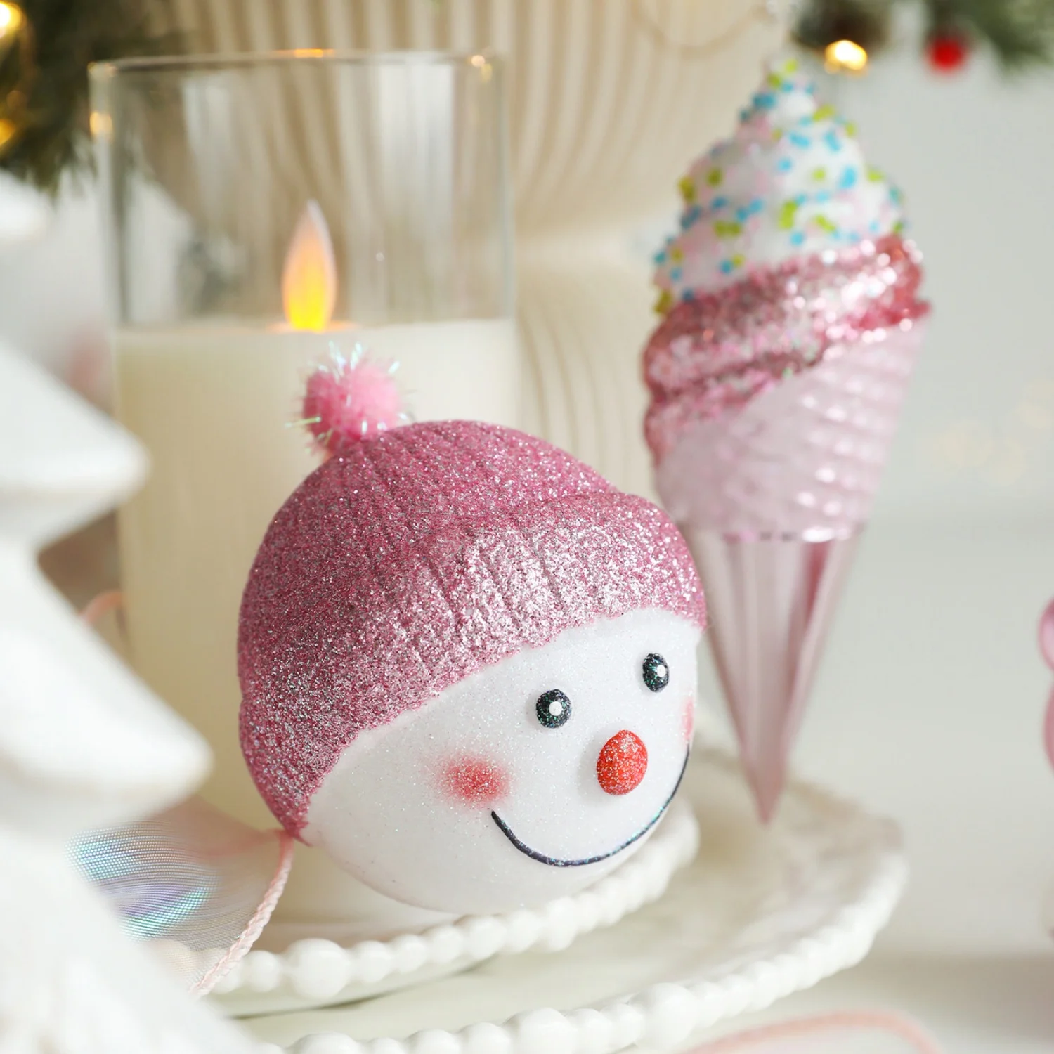 Set of 3 Cute Pink Christmas Pendants Ornament with 30 Design Dessert Animal Snowman Sweet Shinny Xmas Tree Decorations Noel Pop