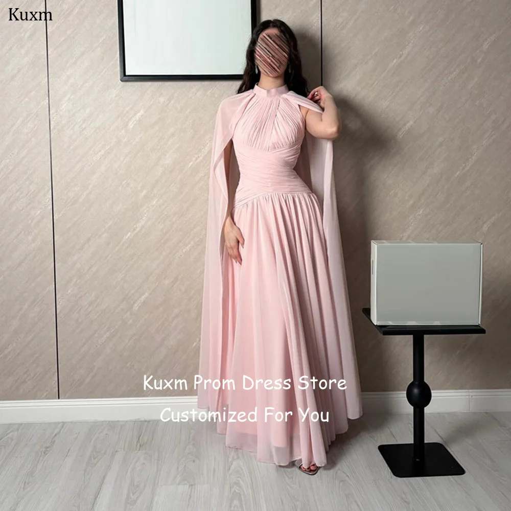 

Kuxm Pink Chiffon Evening Dresses Halter A Line With Shawl High Neck Prom Gowns Sleeveless Floor Length Party Attire Customized