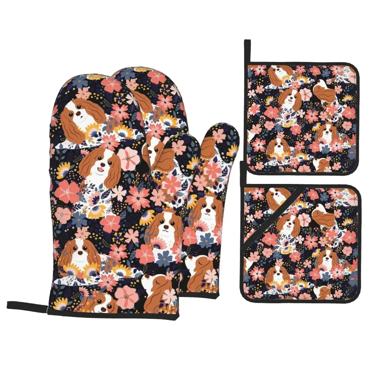 The Cavalier King Charles Spaniel Oven Mitts and Pot Holders Sets of 4 Dog Heat Resistant Kitchen BBQ Gloves for Baking Cooking