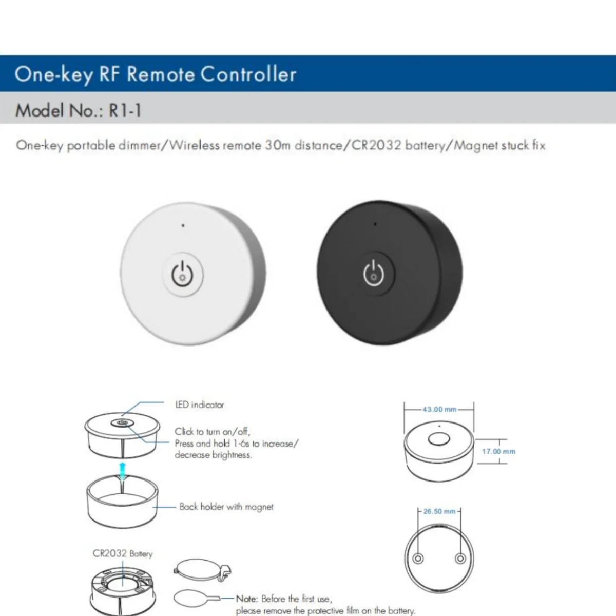 

R1-1 One-key RF Remote Controller Black&White 2.4G Brightness Portable Dimmer Magnet Stuck Fix For Single Color LED Strip Light