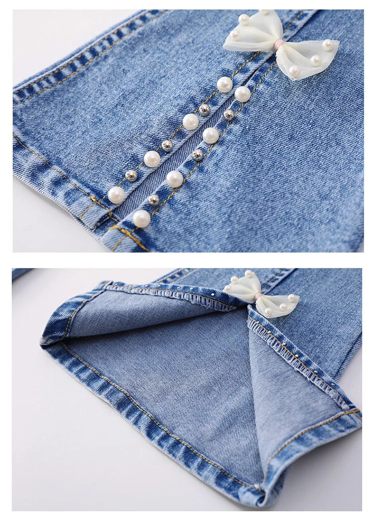 Elegante Kinder-Jeans mit Schlitz und Perlen für Mädchen, schmal geschnittene Denim-Hose mit Schleife, Kinderhose mit Schleife, Größe 5 6 7 8 9 10 11 12 13 14 – Detail 12