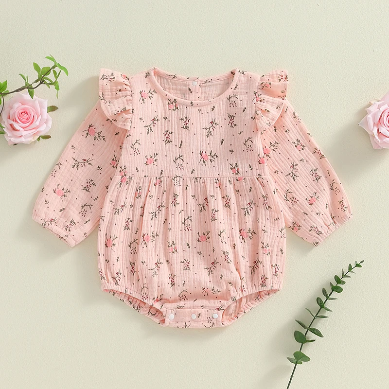 Baby Girls Floral Romper Cotton Long Sleeve Ruffles Playsuit Jumpsuits Cute Newborn Autumn Fall Clothes