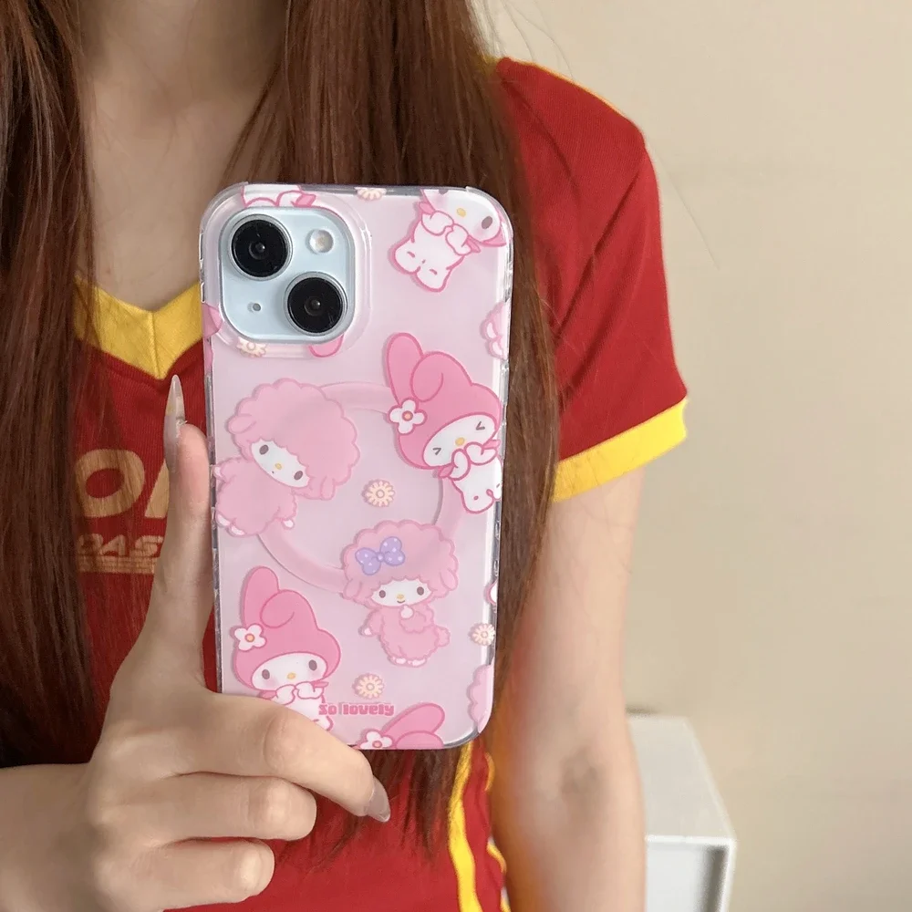 Casing Ponsel Pengisi Daya Nirkabel Magsafe Tempat Pegangan Magnetik Piano My Melody Sanrio Lucu untuk iPhone 16 15 14 13 Pro Max Sampul Keras