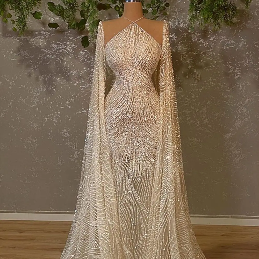 Dubai Sequined Long Sleeves Evening Dresses 2022 Couture Plus Size Prom Gown Shiny Crystals Mermaid Celebrity Party Dress