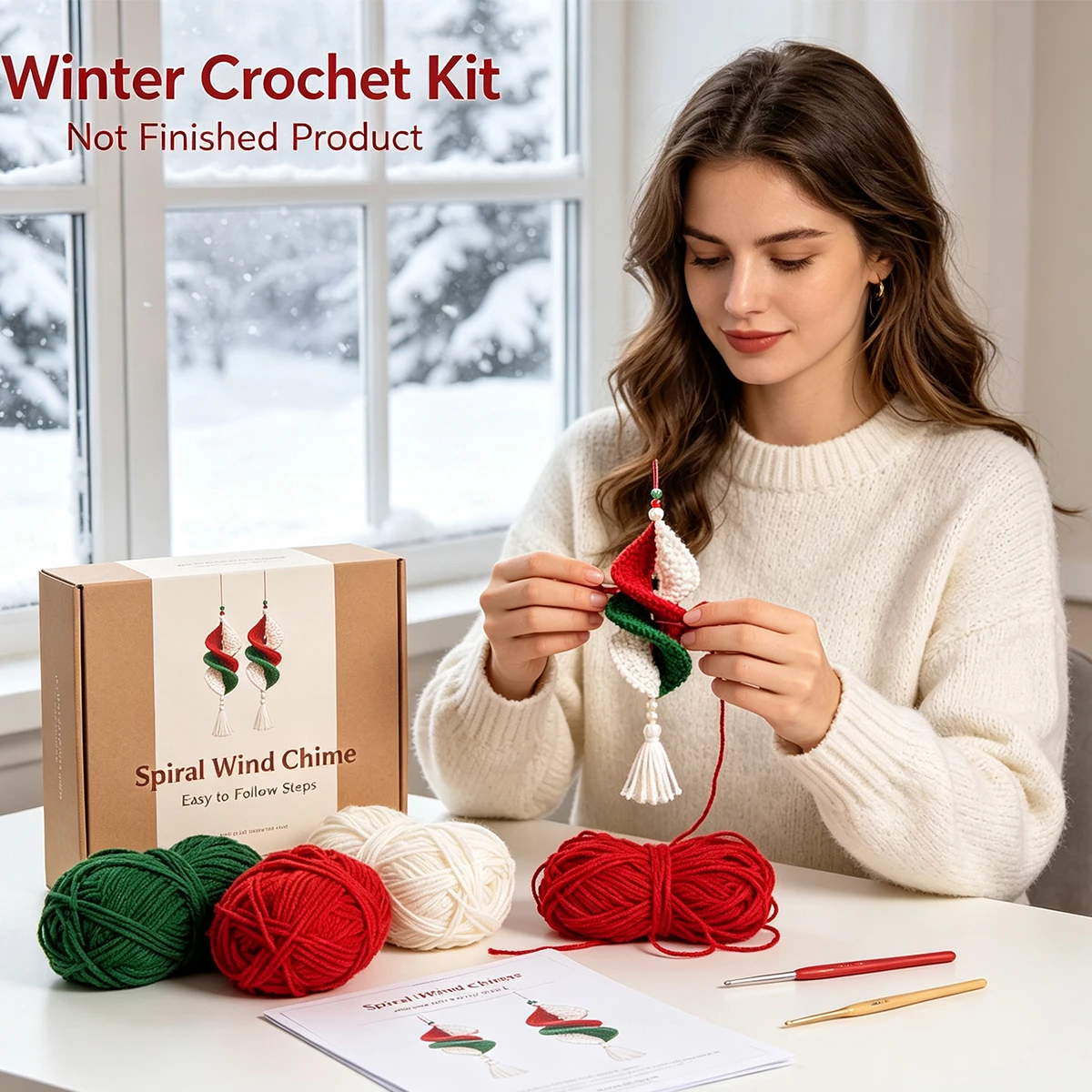 3Pcs Christmas Spiral Windmill Wind Chime Crochet DIY Kit, Not a Finished Product, Beginner-Friendly Yarn Knitting Set Includes Full Set of Yarn and Crochet Tools, Comes with English Tutorial, Easy to Learn for Beginners, Stress-Relieving Handmade Crafts, Classic Red, Green, and White Spiral Design with White Tassel Beads, Fully Captures the Christmas Atmosphere, Suitable for Christmas and New Year Home Decorations, Christmas Tree Hanging Decorations, Holiday Scene Arrangements for Windows and Doors, Parent-Child Activity