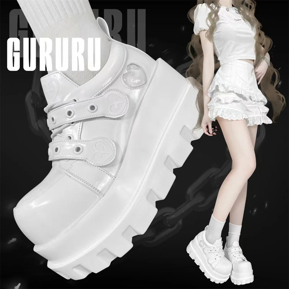 GURURU Original Punk Love Cross Y2K Thick Sole Shoes Japanese Sweet Lolita Girl PU Single Shoe