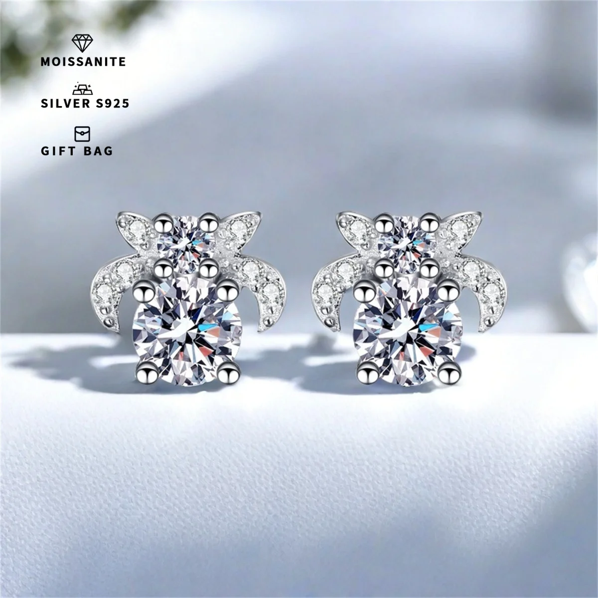 S925 silver Platinum plating allergy-resistant stud earrings are filled with sparkling White ronud GRA Moissanite elegant luxury