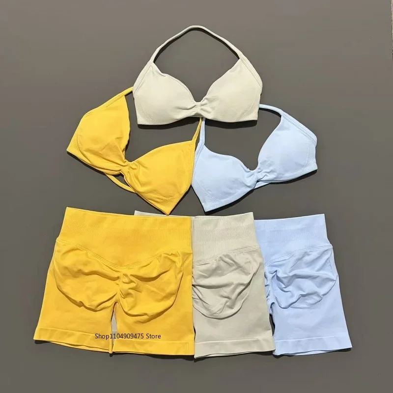 2 Piece Sports Gym Set Strappy Bra Yoga Underwear Short Sport Leggings Bicycle Running Sportswear Woman Seamless Yoga Set