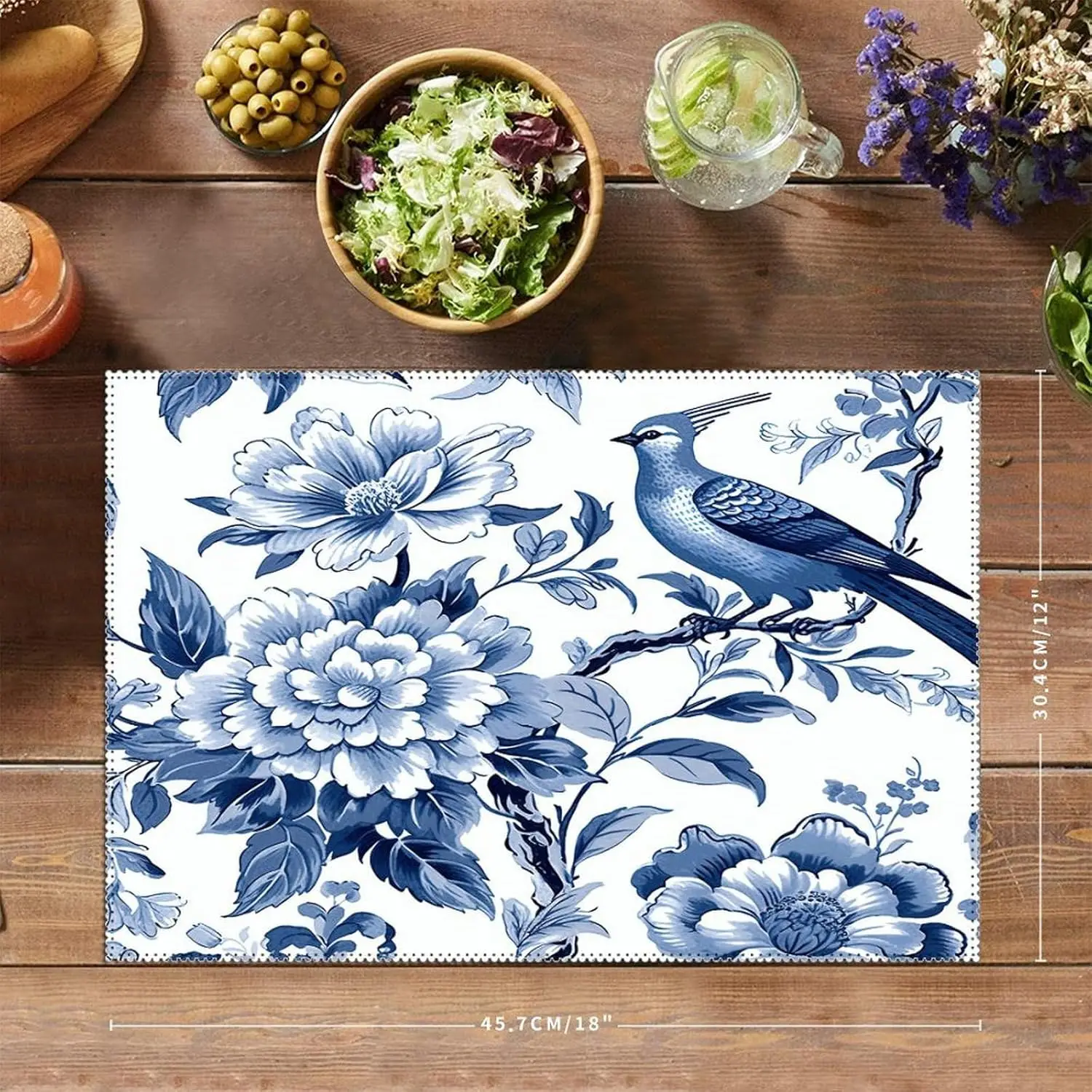 Chinoiserie Placemats Set Of 4 Indigo Blue Bird Floral Resistant Oxford Cloth Place Mats Asian Rustic Table Top Decor For Dining