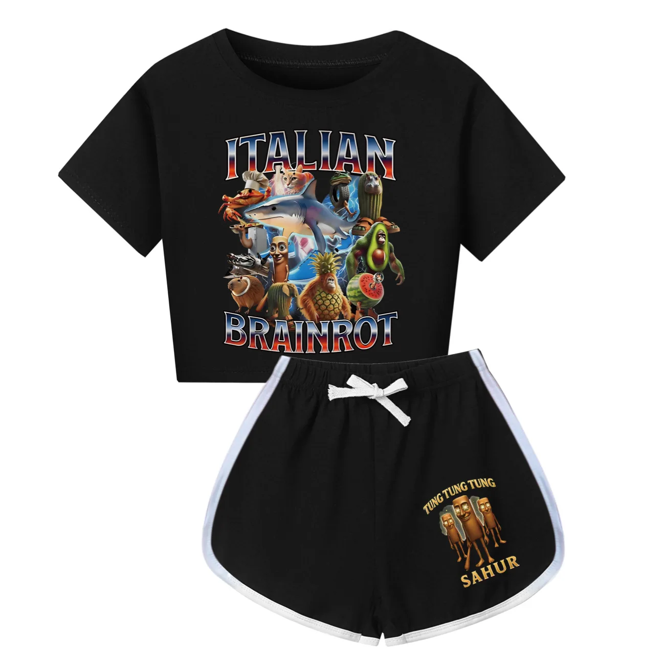 2-teiliges Sommer-Shorts-Set für Mädchen, T-Shirt, italienischer Brainrot-Trainingsanzug, süßer kurzärmeliger Pyjama, Kinder-Freizeit-Party-Outdoor-Pjs-Set