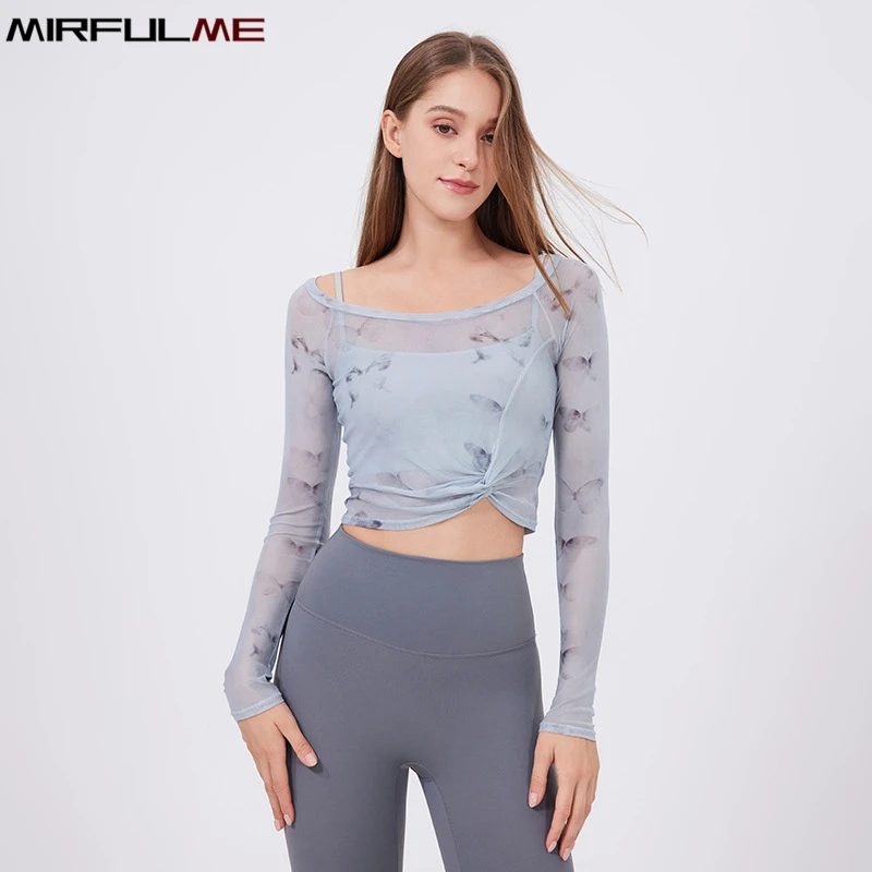 Women Padded Yoga Sport Shirts Fake Two-Piece Outdoor Undershirt Mesh Long Sleeves Running Sweatshirts Slim Gym Fitness Tops Bra