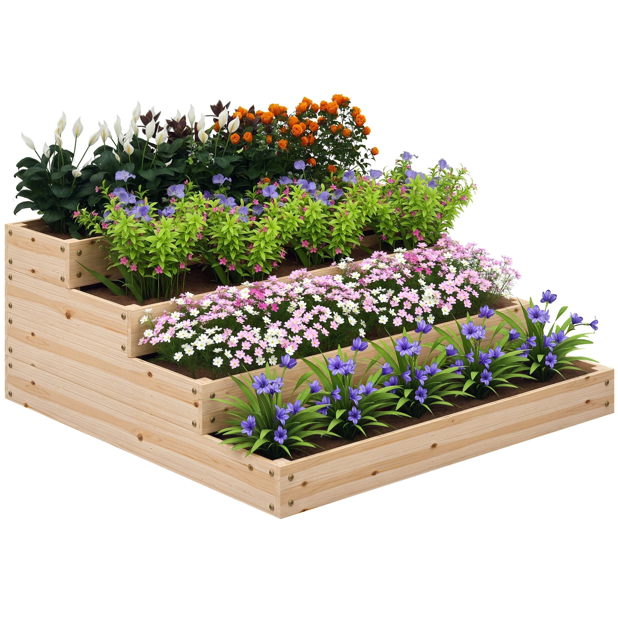 Carré potager de jardin sans fond 4 étages pour herbes légumes fruits fleurs 113 x 113 x 46 cm bois naturel