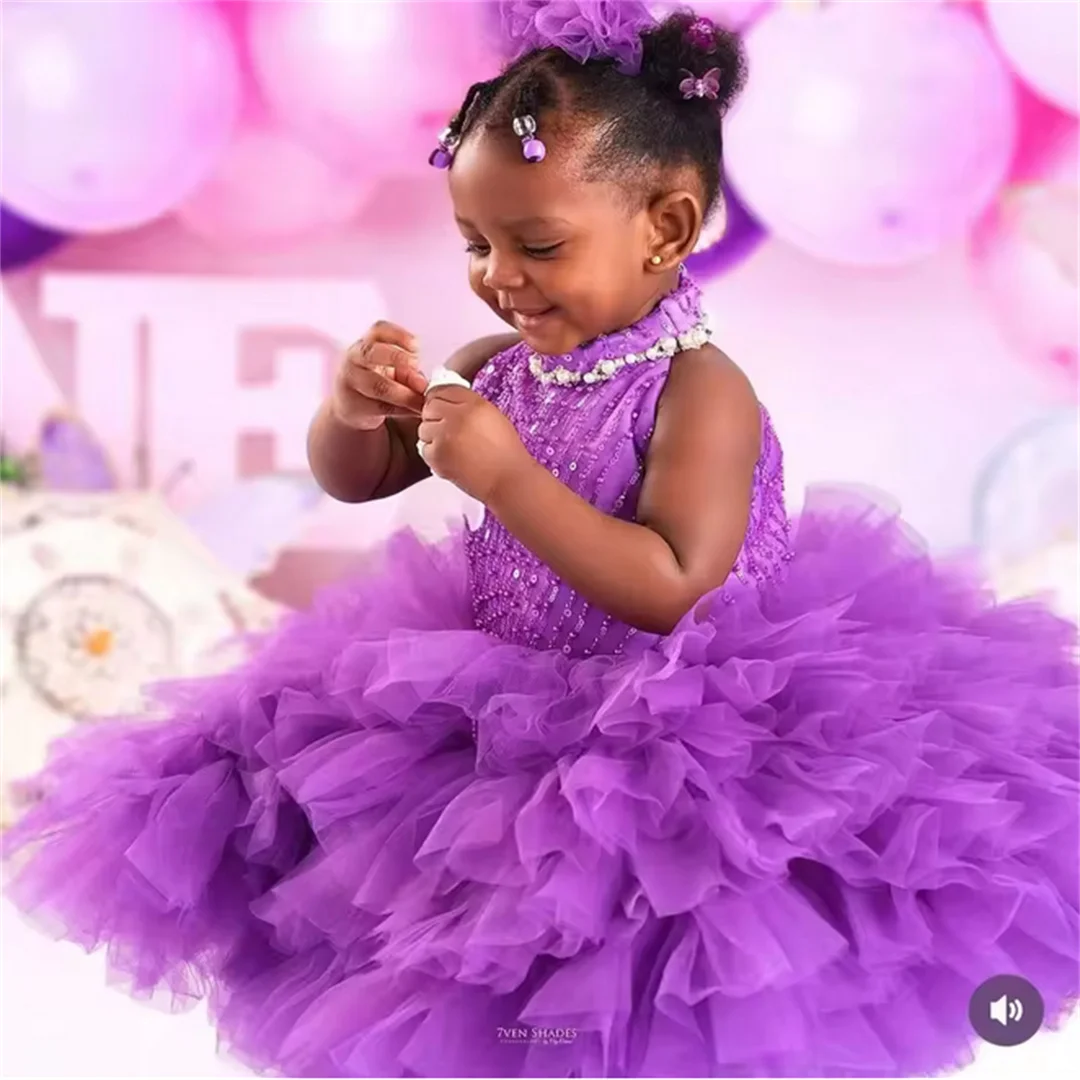 فساتين حفلات أعياد الميلاد للأطفال مطرزة بالخرز الأرجواني مخصصة برقبة عالية فساتين فتاة الزهور لحفلات الزفاف وحفلات التخرج لالتقاط الصور #2