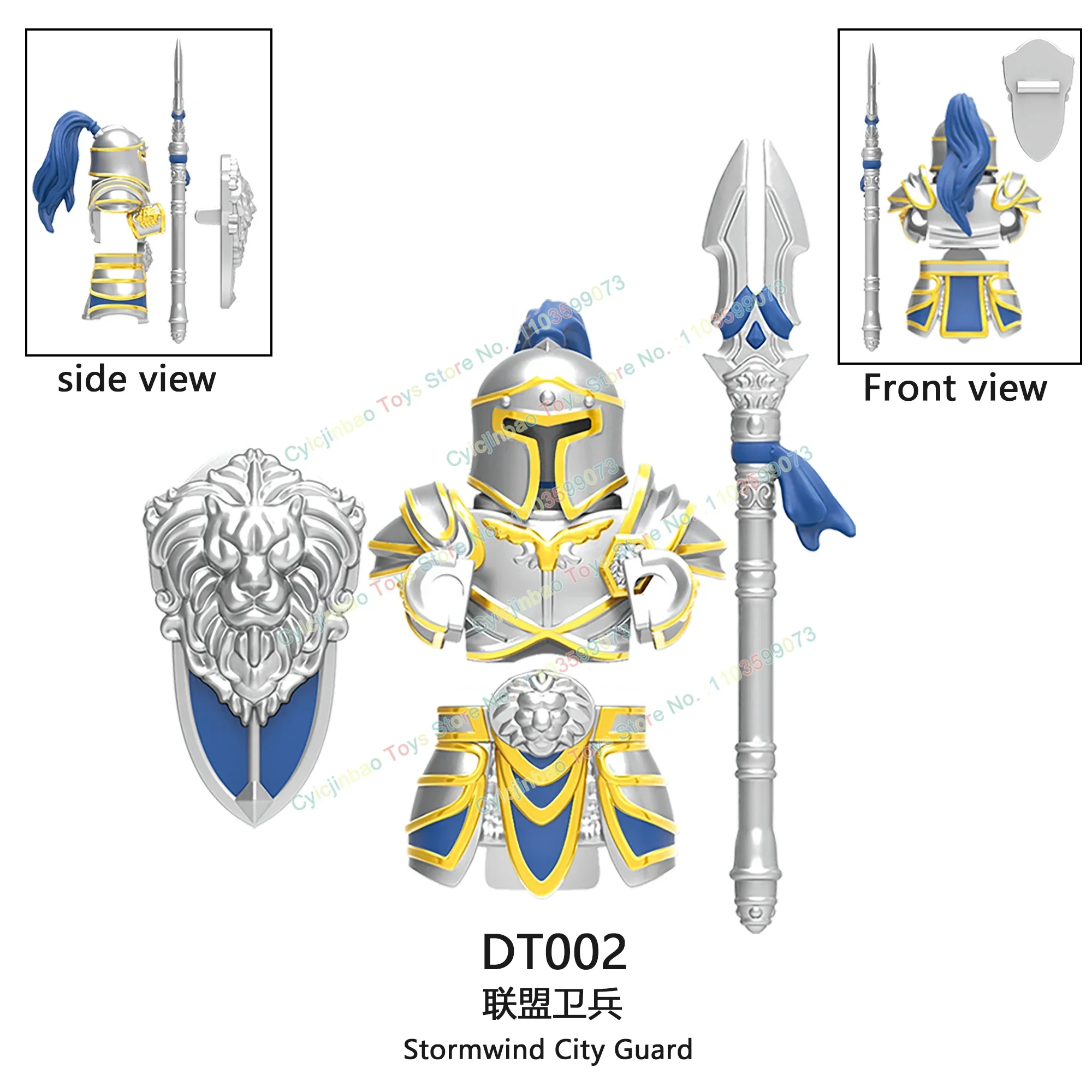 Cheval médiéval doré argent, armure lourde, figurine de chevalier, Stormwind, garde de ville, blocs de construction, accessoires, jouets pour enfants