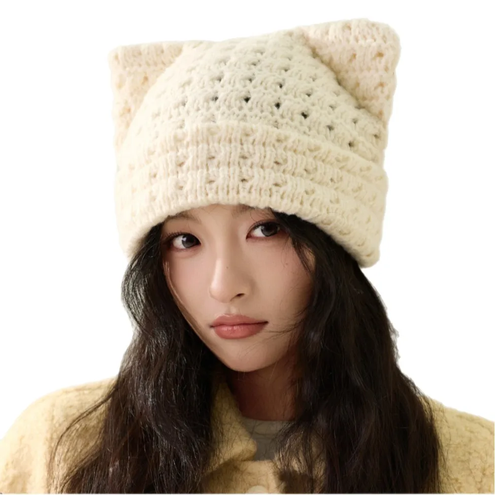 Steamed cat-ear Shaped Bread Wool Hat Brimless Cap Big Head Encircled Face Small Warm Ear Protection Knit Hats 4m615
