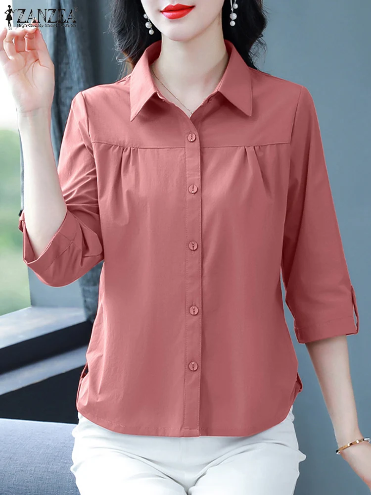 

Elegant Lapel Neck 3/4 Sleeve Shirt ZANZEA Women Summer Solid OL Work Blouse Casual Office Lady Tunic Tops Buttons Down Blusas