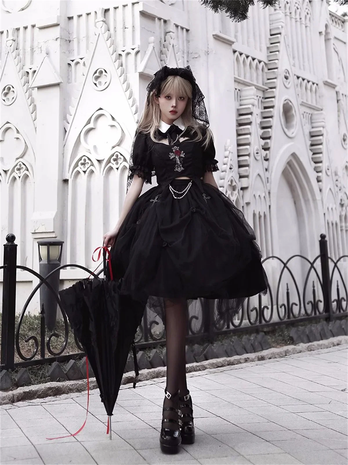 

French Vintage Elegant Gothic Style Cosplay Lolita Sweet Girls Op Dark Embroidery Cross Rose Flower Pearls Chain Tunic Dress