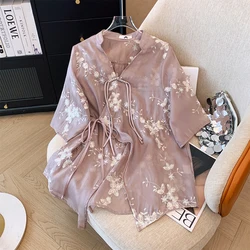 Summer Plus Size Women's Chinese V-Neck Embroidery Plate Button Tie Cardigan Top Loose Casual Retro Short Sleeve Seven Sleeve