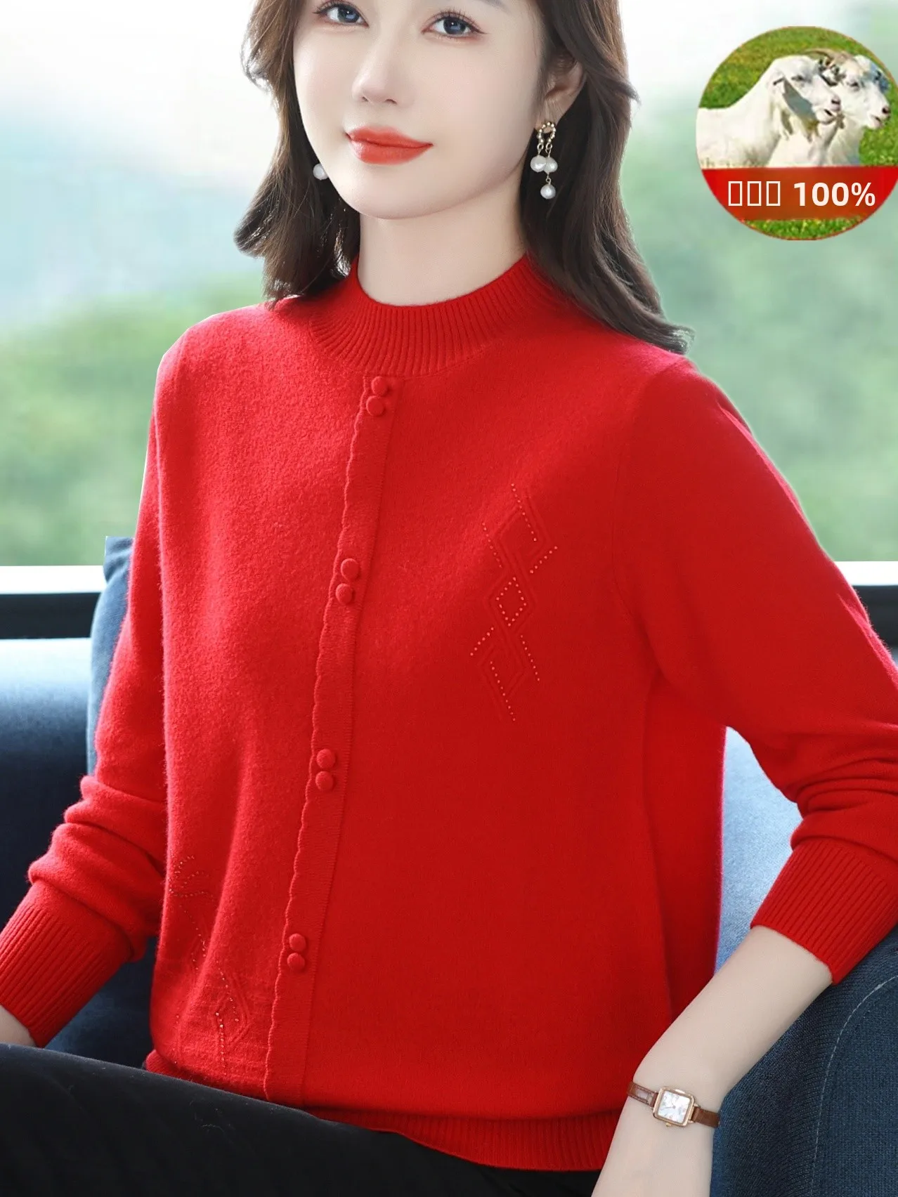

Осенне-зимний женский свитер из 100% чистой шерсти, вязаный, с высоким воротником, красный, теплый, для мам, базовый, вязаный, на голову