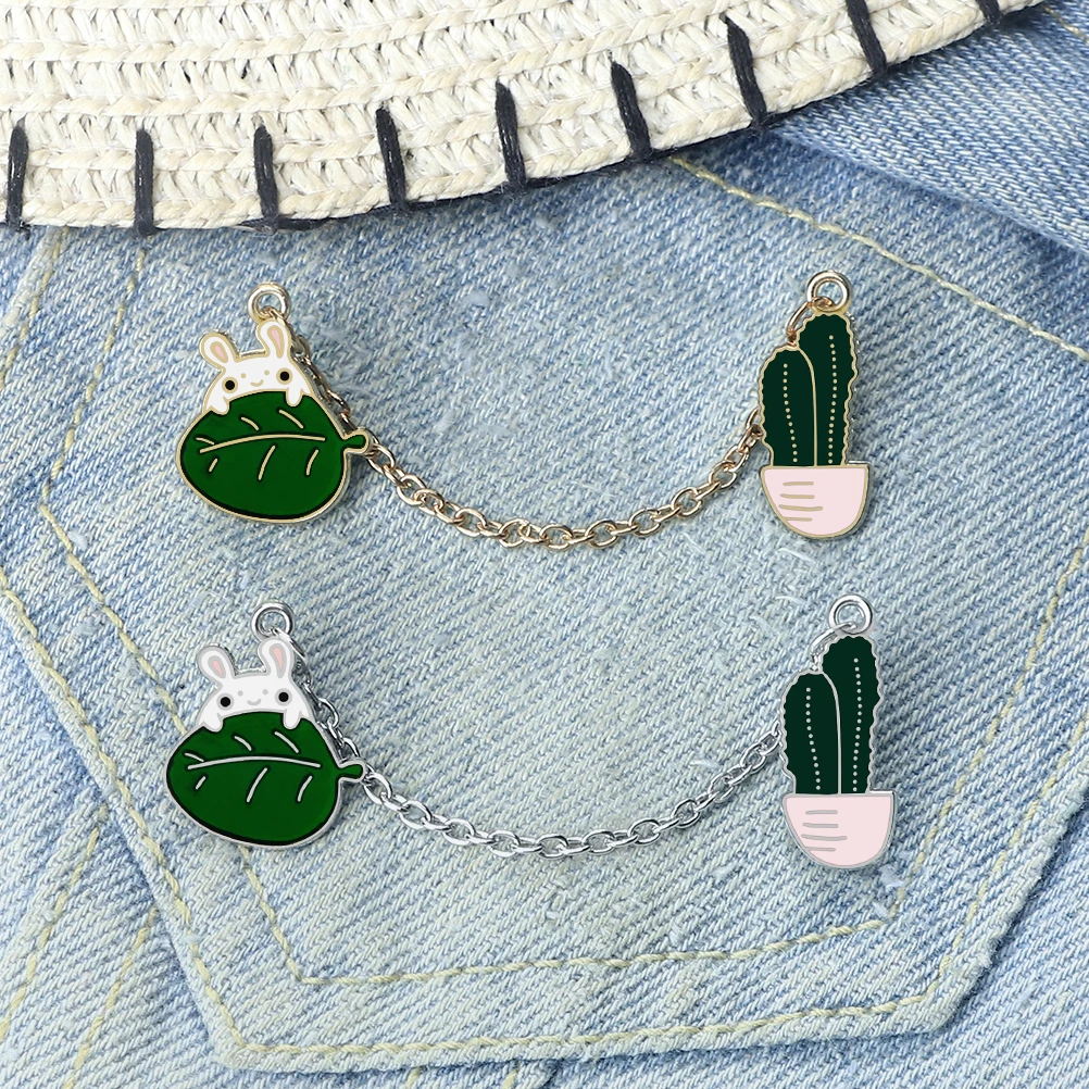 Cute Rabbit Enamel Pin Beautiful Cactus Accessories Animal Plant Brooch Alloy Chain Badge Women Men Fashion Jewelry For Kid Gift