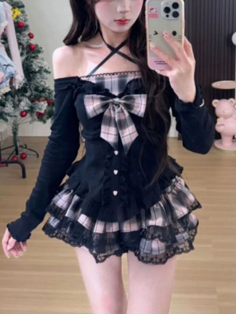 Hot Girl القوطية القوس سليم 2 قطعة مجموعة المرأة الجمالية Y2k الوردي منقوشة قبالة الكتف تي شيرت شارع العليا الخريف الدانتيل طباعة البدلة