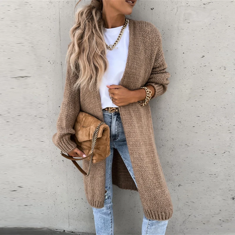 Women Casual Long Sleeve Knitted Cardigan Autumn Elegant Loose Solid Color Sweater Coats Winter Fashion Straight Midi Outerwear