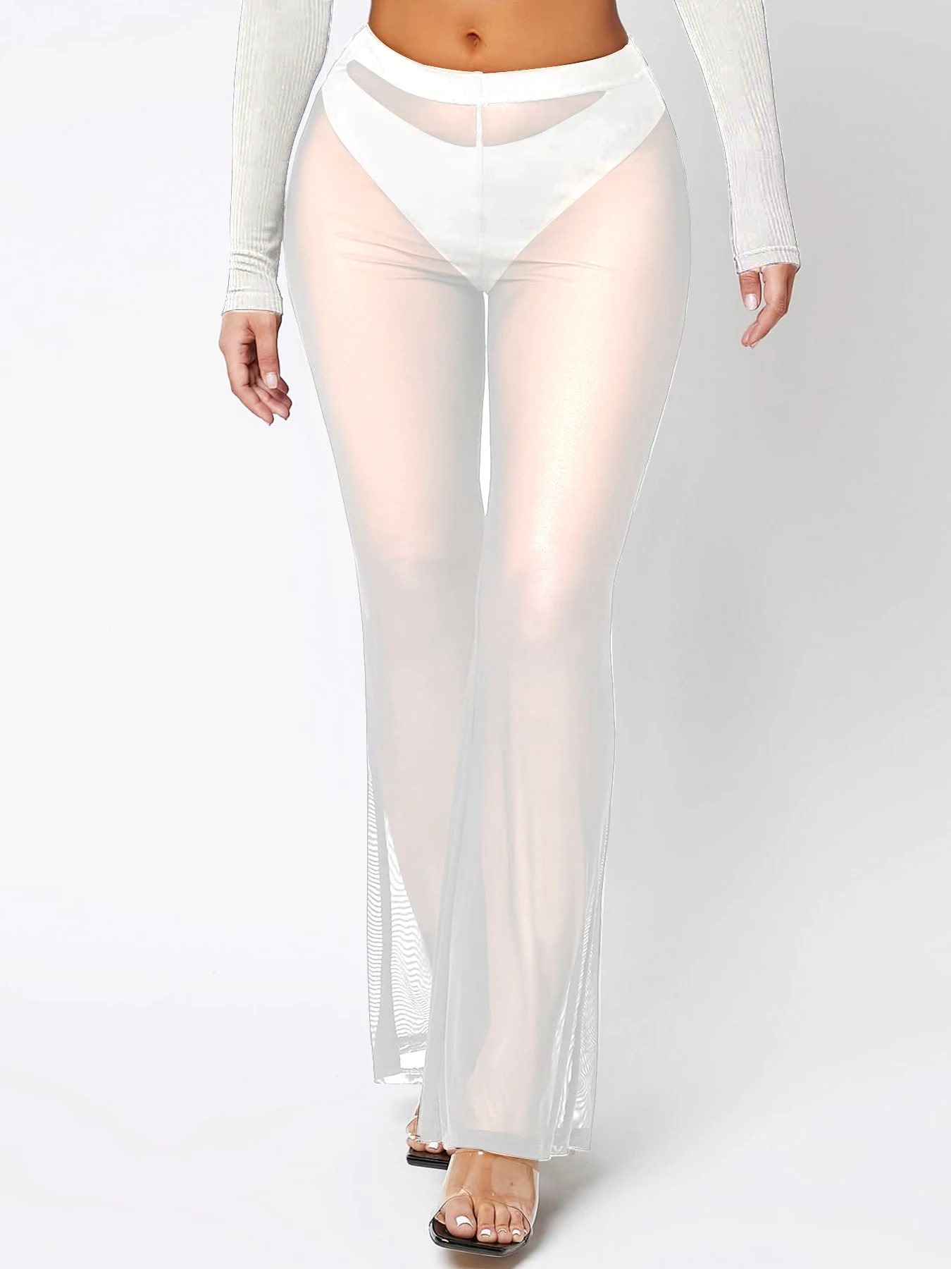 Spring And Summer Mesh See Through Slim Fit Flared Pants New Style With Translucent Flesh Fashionable Sexy And Refreshing Pants