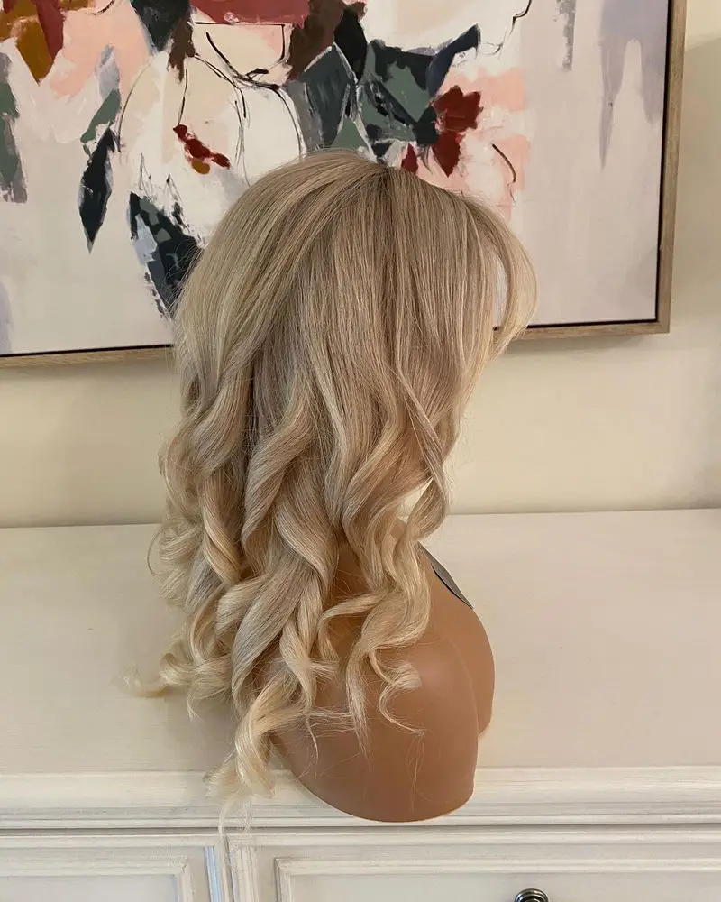 شعر مموج فضفاض بدون صمغ 13x4 أومبير عسلي أشقر جزء مجاني شعر مستعار صناعي من الدانتيل شعر مستعار أمامي منزوع مسبقًا 18 بوصة ألياف مقاومة للحرارة #4