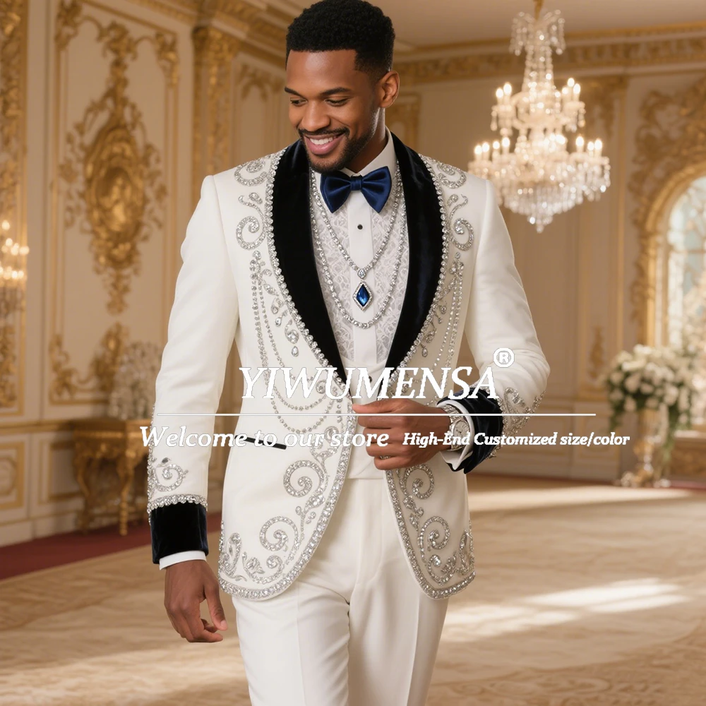 

Дизайнерские мужские костюмы с камнями из бисера, мужские свадебные смокинги для жениха, индивидуальные черные пиджаки с шалью и лацканами для выпускного вечера, komplet