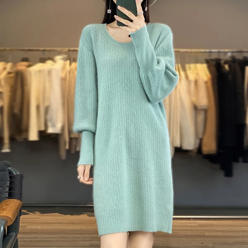 RONGYI 2023 100% Mink Cashmere Women\'s Pullover Knitting O-Neck Autumn And Winter New lOose Long-Sleeved Long Dress Top