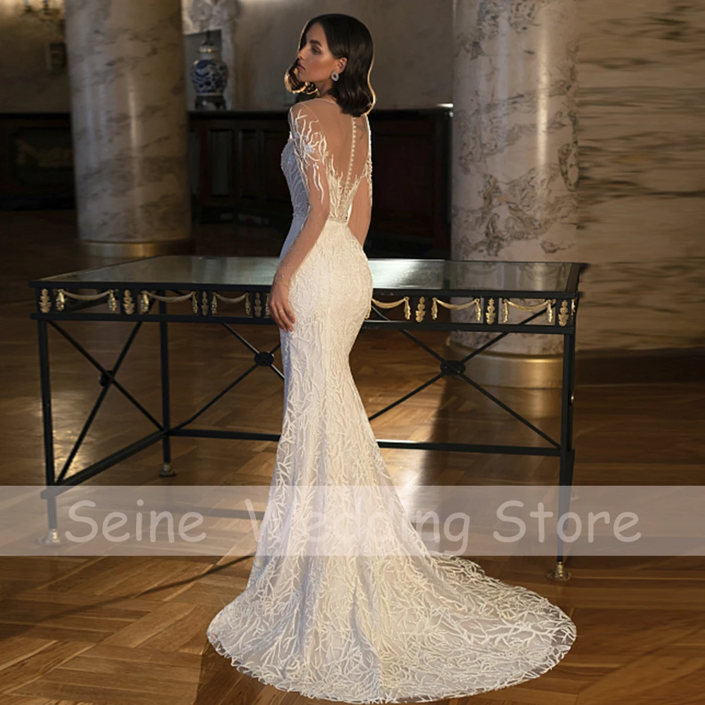 Mermaid Wedding Dresses 2022 Lace Elegant Long Sleeves  Gowns Sexy Illusion Open Back Zipper Bride Dress robe de mariée