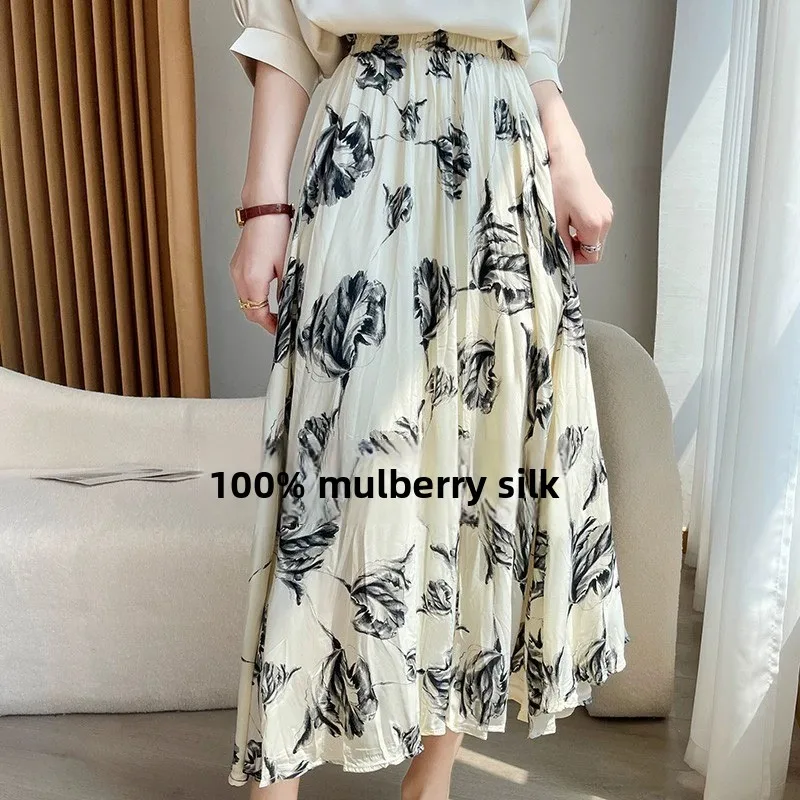 

Юбка трапециевидной формы из шелкового ацетата с высокой талией и цветочным принтом, юбка-миди, корейское летнее новое поступление, юбка f-длины